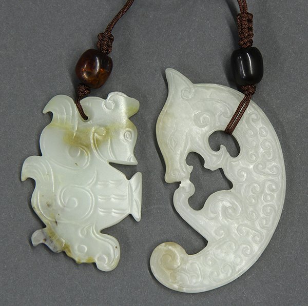 Two Chinese Jade/Hardstone Plaques: (lot of 2) Chinese jade/hardstone plaques, each of an archaistic zoomorph, including a dragon accented by C-scrolls, 3"w