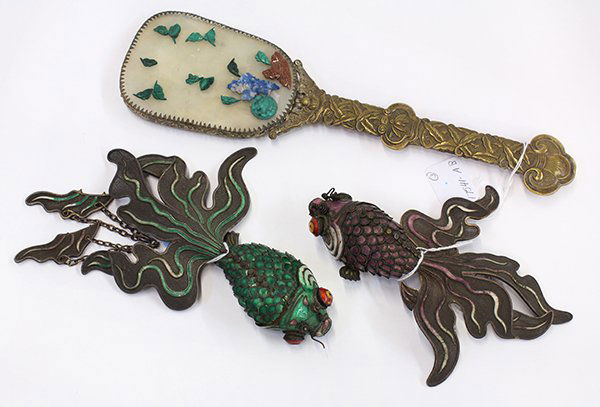 Chinese Mirror/Enameled Gold Fish: (lot of 3) Chinese decorative items, consisting of two enamel articulated gold fish, one pink and one green; together with a hand held mirror with stone overlay, above a handle chased with a bat and l