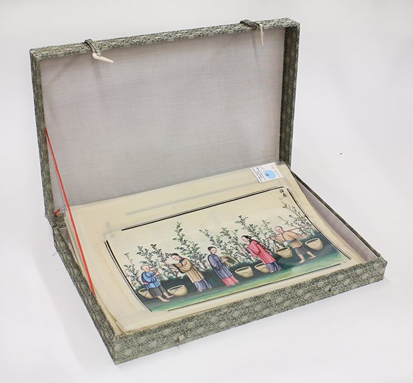 Chinese Pith Paintings, Silk/Rice: (lot of approximately 25) Group of Chinese pith paintings, featuring figures in scenes of silk production and rice planting; together with three prints, largest: 13"w