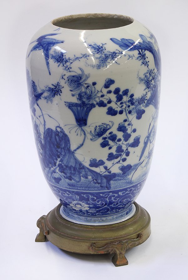 Japanese Seto Porcelain, Kato, 19c: Japanese Seto porcelain jar, late 19th century, decorated with flowers and birds in blue and white, base marked 'Dai Nippon Seto Kato...sei', with a brass stand for use as a lamp (base drilled and lac