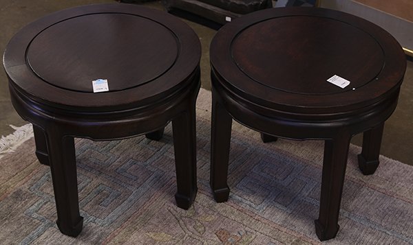 Two Chinese Hardwood Stools: Pair of Chinese hardwood stools, with a circular floating panel, above the beaded edge apron and supports with hoof terminals, 16"h