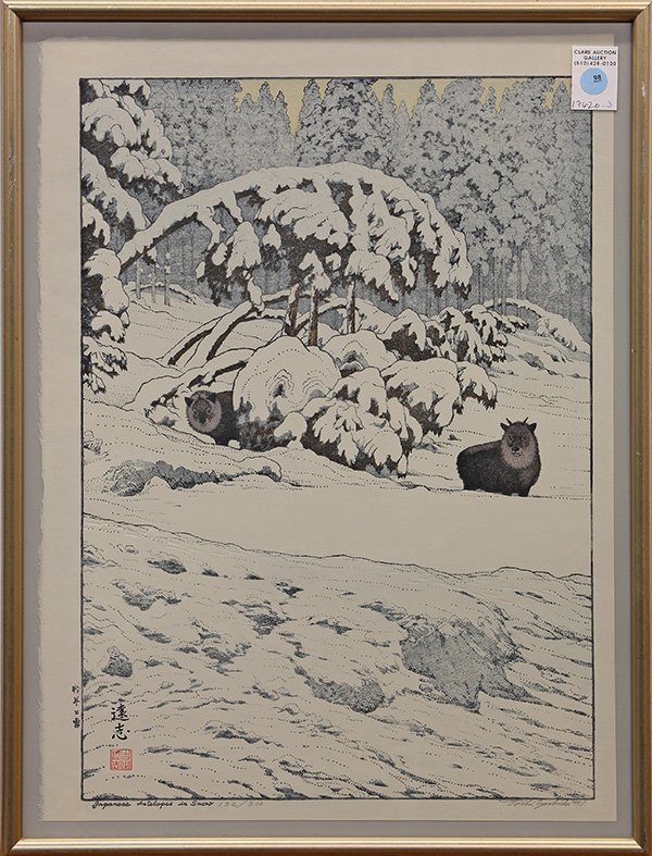Japanese Woodblock print, Yoshida Toshi: Yoshida Toshi (Japanese, 1911-1995), 'Japanese Antelopes in Snow', woodblock print, lower left with the signature, seal, lower margin with the signature, title, numbered 132/800, dated 1981, print: 21