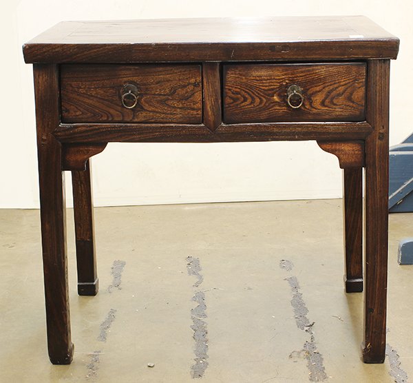 Chinese Wood Desk: Chinese wooden desk, fronted by two drawers, raised on straight supports with hoof terminals, 34.25"w