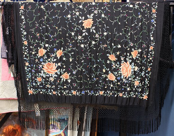 Chinese Silk Piano Shawl: Chinese embroidered silk piano shawl, with various floral sprigs on a black silk ground, 95.5"h