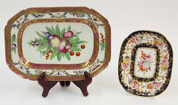 (lot of 2) English hand painted pearlware trays: (lot of 2) English hand painted pearlware trays, late 18th or early 19th century, possibly Bow or Worcester, consisting of a Famille Rose style tray with a shaped pink rim having gilt overlay and a ba