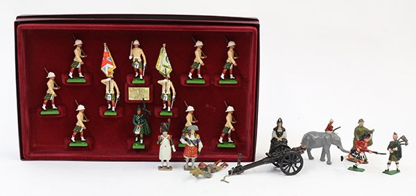 (lot of approximately 65) Collection of painted lead: (lot of approximately 65) Collection of painted lead soldiers, mostly European, including British officers, infantry, and Seaforth Highlanders in fitted case, etc. largest: 4"h (paint losses)