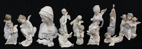 (lot of 15) Lladro porcelain figurines including: (lot of 15) Lladro porcelain figurines including angels, some depicted singing and playing musical instruments, a bust of Mary, and a sculpture of Mary & Joseph, largest: 8.75"h
