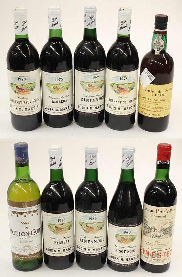 (lot of 10) California: (lot of 10) California, Portugese and French wine group, consisting of (2) 1978 Louis Martini Cabernet Sauvignon, Napa, USA; (2) 1969 Louis Martini Zinfandel, Napa, USA; (2) 1973 Louis Martini Barbara