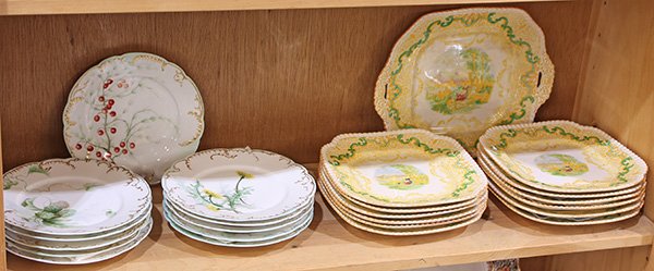 (lot of 24) Continental porcelain group: (lot of 24) Continental porcelain group, consisting of eleven Limoges cabinet plates, each featuring hand-painted flowers; together with a Copeland Spode dessert set for twelve with serving plate, eac