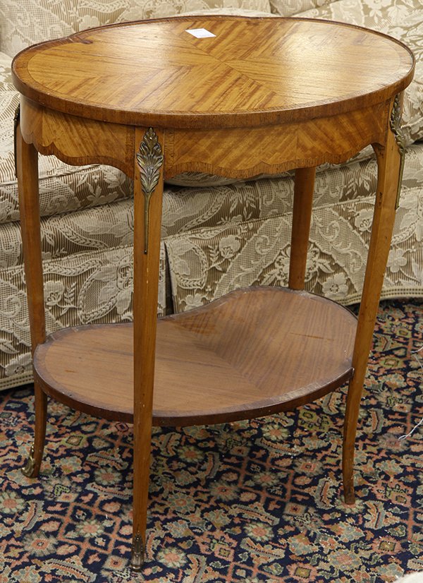 French Louis XV style occasional table, the tiered form: French Louis XV style occasional table, the tiered form with kingwood banding accented with bronze mounts, and rising on stylized cabriole legs terminating on sabots, 29"h x 24.25"w x 18.25"d