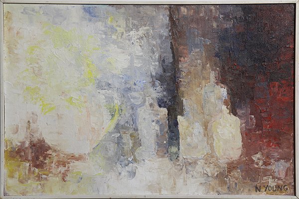 Painting, Favorite Things: American School (20th century), "Favorite Things," acrylic on board, signed "N (Nancy) Young" lower right, title label affixed verso, overall (with frame): 25"h x 37"w