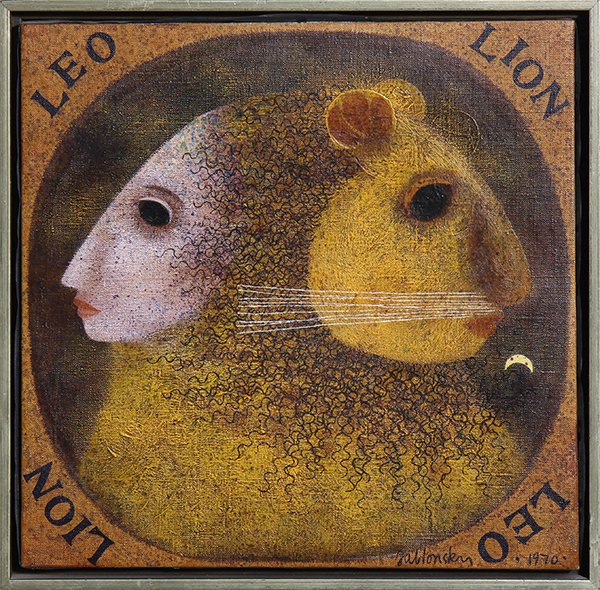 Painting, Carol Jablonsky: Carol Jablonsky (American, 1939-1992), Leo Lion, 1970, oil on canvas,, signed and dated lower right, overall (with frame): 15.5"h x 15.5":w
