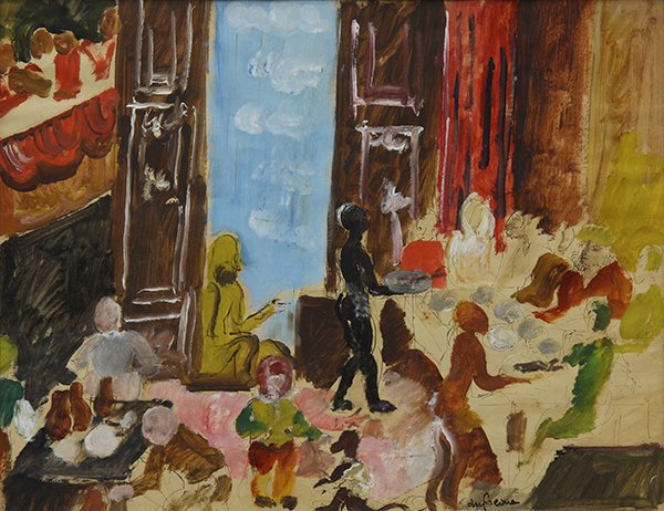 Watercolor by Charles Dufresne: Charles Dufresne (French, 1876-1938), Le Grand Diner, watercolor and gouache, signed lower right, exhibition label affixed verso, sight: 11''h x 14.25''w, overall (with frame): 21.5''h x 24''w. Proven