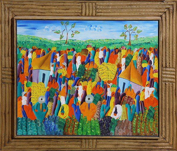 Paintings, Village Scenes with Figures: (lot of 2) Haitian Village Scenes with Figures, oils on board, both signed "Joseph Fritz", 20th century, largest overall (both framed): 30"h x 26"w