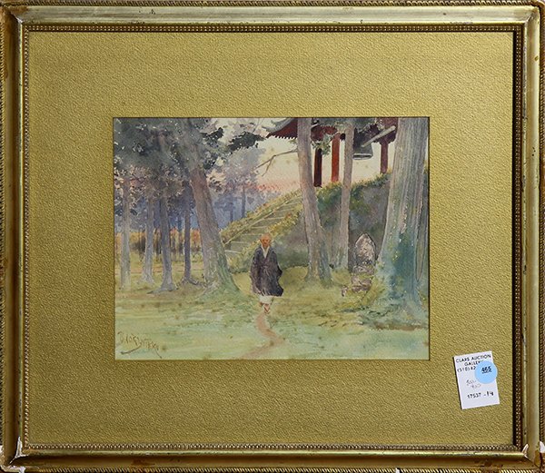 Watercolor, Monk Leaving the Temple: Continental School (20th century), Monk Leaving the Temple, watercolor, signed indistinctly "B. Loki Nikko" lower left, overall (with frame): 15.75"h x 18"w