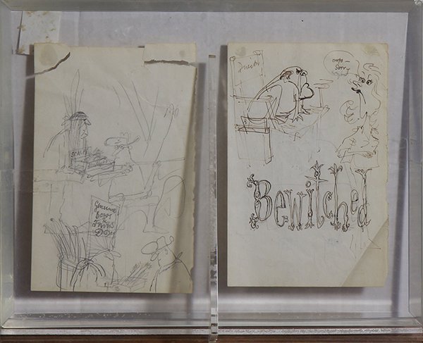 Cartoons by Ronald Searle .: (lot of 2) Ronald Searle (British, 1920-2011), "Bewitched" and "Fort Courage," pencil, ink and watercolor cartoons on paper, each signed, overall (both framed as one in lucite): 11"h x 14"w. Provenanc
