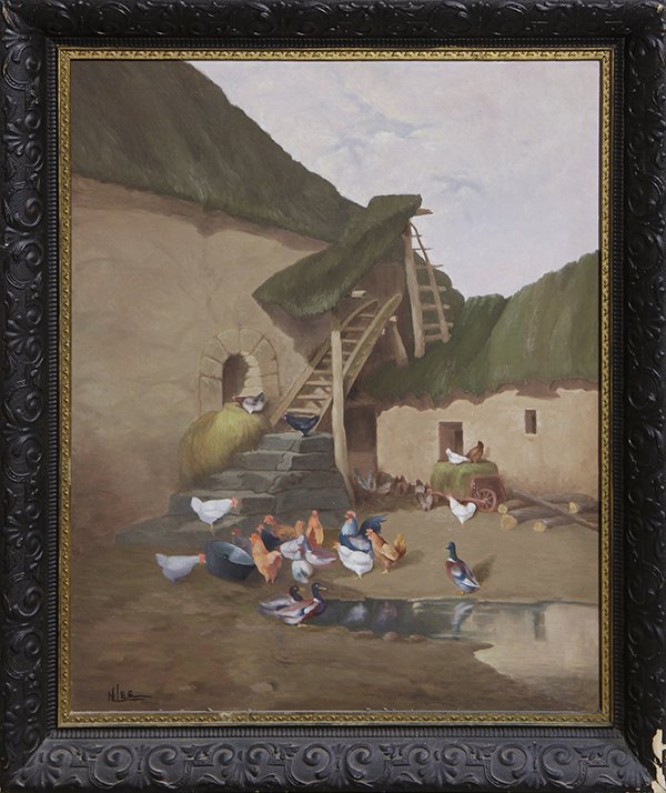Painting, Chickens and Ducks in the Barn Yard: Chickens and Ducks in the Barn Yard, oil on board, signed "H. Lee" lower left, overall (with frame): 31.25"h x 26":w