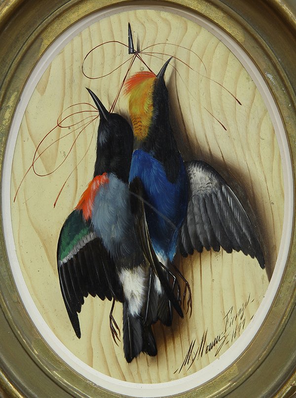 Painting, Michelangelo Meucci: Michelangelo Meucci (Italian, 1840-1909), Natura Morta, 1877, oil on board, signed, dated and inscribed lower right, sight (oval): 10.75"h x 7.75"w, overall (with frame): 16.5"h x 13.75"w