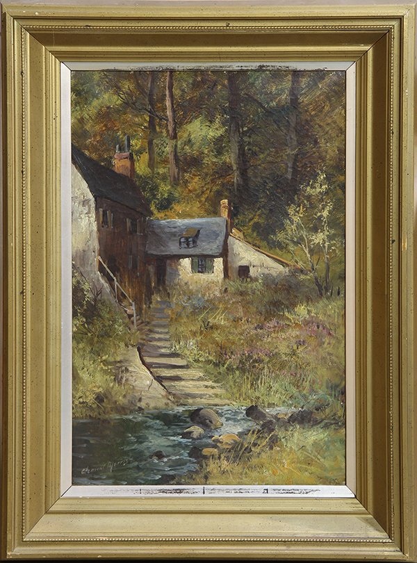 Painting, Attributed to Clement Morris .: Attributed to Clement Morris (British, 19th century), Country Cottage in the Woods, oil on canvas, signed lower left, overall (with frame): 32"h x 23.5"w