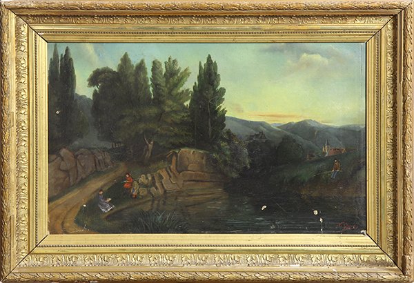 Painting, Landscape with Figures and Distant Castle: European School (19th century), Landscape with Figures and Distant Castle, 1888, oil on canvas, signed "N. Ginouviez 1888" lower right, overall (with frame): 22"h x 32"w