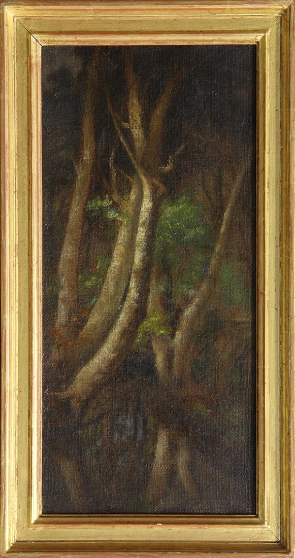Painting, Attributed to Thaddeus Welch: Attributed to Thaddeus Welch (American, 1844-1919), Vignette of Trees by Pond, oil on canvas, bears signature verso, overall (with frame): 23.25"h x 13.25"w