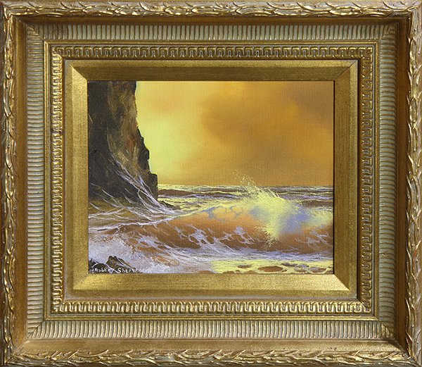 Painting, Robert Sherwood: Robert Sherwood (American, 20th century), Beach Cave, North Side (Oceanside, Oregon), oil on canvas, signed lowerleft, titled and dated verso, overall (with frame): 14"h x 16"w