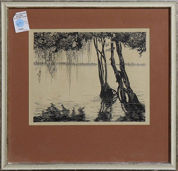 Drawing of a Bayou Scene and a Print by Charles Bragg: (lot of 2) American School (20th century), Bayou Scene, 1976, ink drawing, signed "I. Keesmaat," and dated lower right, and Charles Bragg (American, b. 1931), "Dr. H.R. Sneed Frontier Gynecologist," e