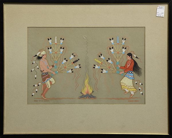 Prints, Harrisson Begay: (lot of 2) Harrison Begay (American, 1914-2012), "Navajo Feather Dancers" and Figures Weaving, serigraphs, each plate signed, largest overall (framed): 23"h x 29"w