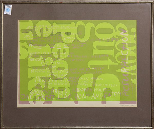 Print by Sister Mary Corita Kent: Sister Mary Corita Kent (American, 1918 - 1986), "People Like Us," woodblock print, pencil signed lower right, overall (framed): 24.5"h x 29"w