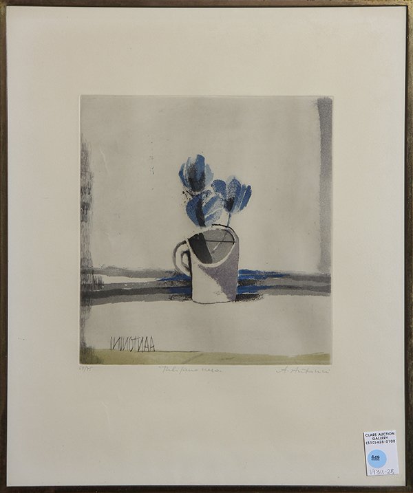 Print by Annapia Antonini: Annapia Antonini (Italian, b. 1942), The Blue Flowers, etching in colors, pencil signed lower right, titled indistinctly lower center, edition 69/75, overall (framed): 20"h x 16.5"w. Provenance: Laddi