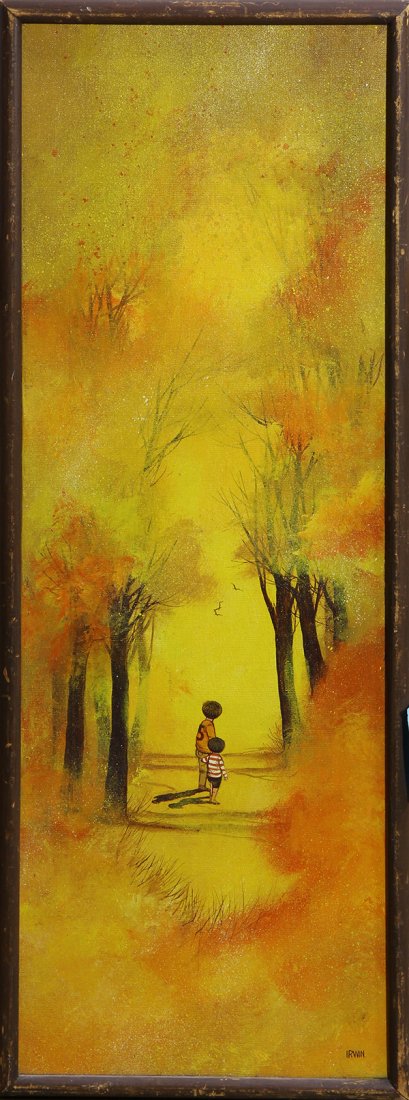 Painting by Robert Irwin: Robert Irwin (American, b. 1928), Boys in an Autumnal Landscape, oil on canvas, signed Irwin lower right, canvas: 35.75"h x 11.5"w, overall: 37.5"h x 13"w