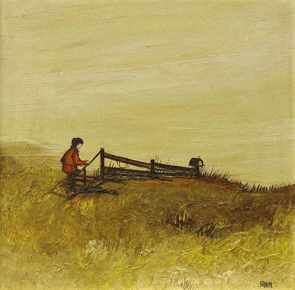 Painting by Robert Irwin: Robert Irwin (American, b. 1928), Boy Walking to Mailbox, oil on board, signed lower right, sight: 10"h x 10"w, overall (with frame): 16"h x 15.75"w