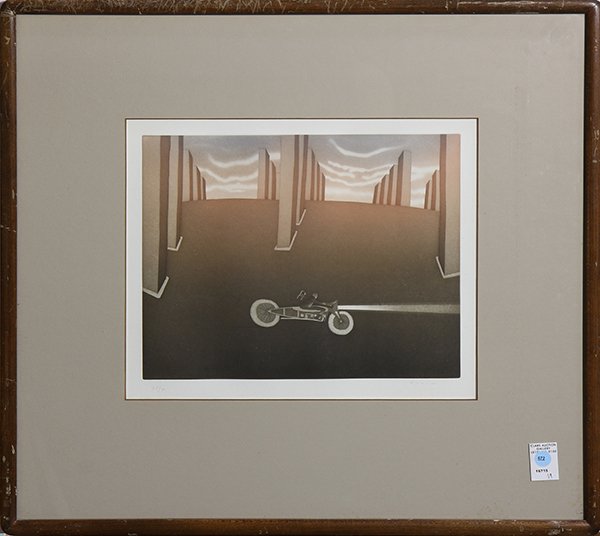 Print by Jean-Michel Folon: Jean-Michel Folon (Belgian, 1934-2005), Toy Motorcycle Rider, aquatint in colors, pencil signed lower right, edition 25/90, overall (framed): 25.5"h x 27.5"w