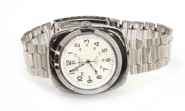 Gentleman's Tissot Buggy Autolub stainless steel: Gentleman's Tissot Buggy Autolub stainless steel wristwatch, 1970's Dial: white military style, center seconds hand: Movement: Tissot 605 plastic, manual wind, Case: black anodized, 42 X 37 mm, Tissot