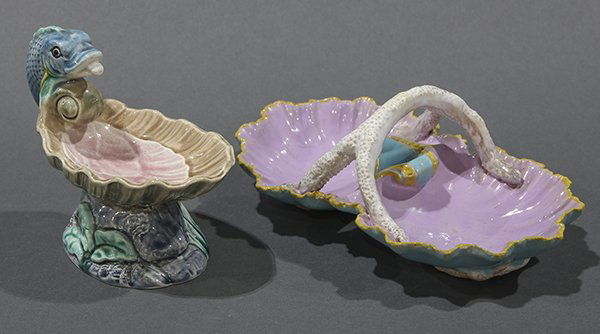 (lot of 2) Associated majolica group, 19th century,: (lot of 2) Associated majolica group, 19th century, comprising a George Jones double shell-form dish, modeled as an open scallop shell having a pink interior with a mustard rim and turquoise exterior,