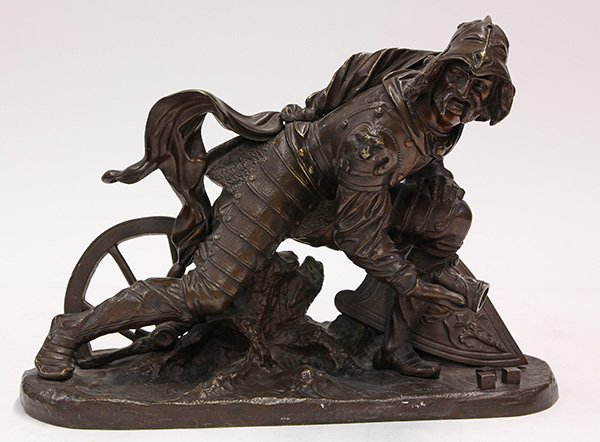 Russian patinated bronze figural sculpture: Russian patinated bronze figural sculpture, depicting a gambling soldier playing a dice game, wearing armor, and kneeling beside a shield in a naturalistic setting, 9"h x 12.5"w x 5"d