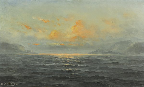 Painting, Nels Hagerup: Nels Hagerup (American, 1864-1922), View of the San Francisco Bay at Sunset, oil on canvas, signed lower left, canvas: 12"h x 20"w, overall (with frame): 19"h x 27"w
