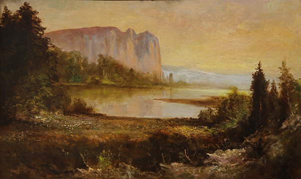 Painting, Thomas Virgil Hill: Thomas Virgil Hill (American 1871-1922), "Crescent Lake in Yosemite," oil on canvas (laid down on board), signed lower right, board: 22"h x 36"w, overall (with frame): 32"h x 46.5"w