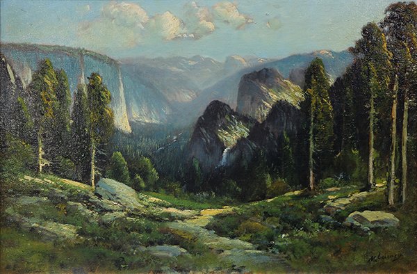 Painting, Manuel Valencia, Yosemite Valley: Manuel Valencia (American, 1856-1935), Yosemite Valley, oil on canvas, signed lower right, canvas: 20"h x 30"w, overall (with frame): 30"h x 40"w