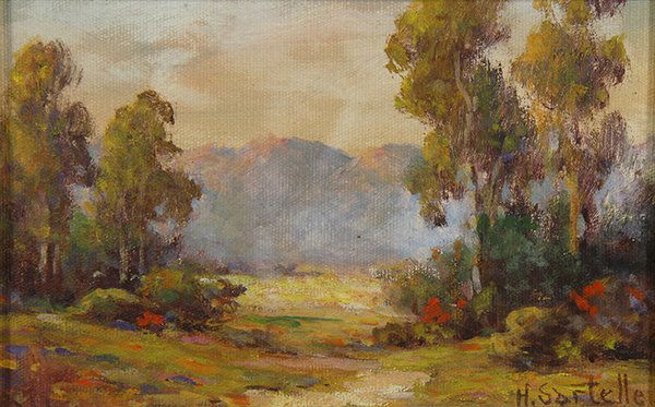 Painting, Herbert Sartelle: Herbert Sartelle (American, 1885-1955), Sunset on the Mountains, oil on canvas board, signed lower right, sight: 5.5"h x 7.5"w, overall (with frame): 10.5"h x 12.5"w