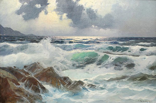 Painting, Alexander Dzigurski: Alexander Dzigurski (American, 1911-1995), Sunlight on the Waves, oil on canvas, signed lower right, 24"h x 36"w, overall (with frame): 39"h x 51.5"w