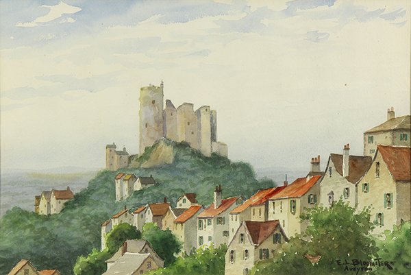 Watercolors, Edgar Bloomster: (lot of 2) Edgar L. Bloomster (American 1895-1968), "Henkersteg, Nuremberg" & "Aveyton," watercolors, each signed and titled lower right, sights: 12.25"h x 16.5"w/12.5"h x 18.5"w; overalls (with frame