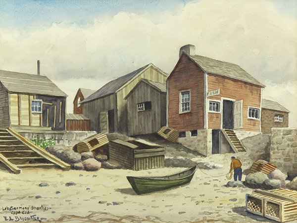 Watercolor, Edgar Bloomster: Edgar L. Bloomster (American, 1895-1968), "Lobstermen's Shanties, Cape Cod," watercolor, signed and titled lower left, sight: 14"h x 19"w, overall (with frame): 22.5"h x 27.25"w