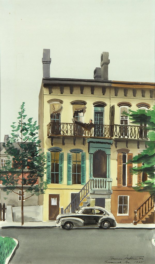 Watercolor, Norman Todhunter: Norman Todhunter (American, b. 1915), "Savannah Georgia," 1945, watercolor on paper, signed, titled and dated lower right, sight: 15.75"h x 9.25"w, overall (with frame): 25"h x 18.75"w