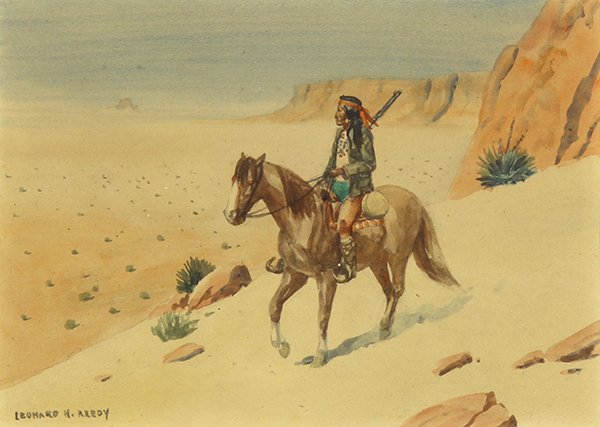Watercolor, Leonard Howard Reedy..: Leonard Howard Reedy (American, 1899-1956), The Lone Indian Riding His Horse Through a Desert, watercolor on paper, signed lower left, sight: 7.5"h x 10.5"w, overall (with frame): 15"h x 18"w