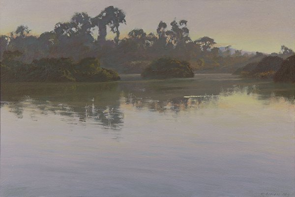 Painting, Richard Schloss: Richard Schloss (American, b. 1953), "Summer Sunset, Bird Refuge," 1989, oil on canvas, signed and dated lower right, title label affixed verso, canvas: 16"h x 24"w