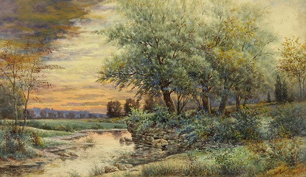 Watercolor, Jasper Francis Cropsey: Jasper Francis Cropsey (American, 1823-1900), Sunset, 1894, watercolor, signed and dated lower right, sight: 13.5"h x 23.25"w, overall (with frame): 16.5"h x 26.5"w. Provenance: Estate of James Peters