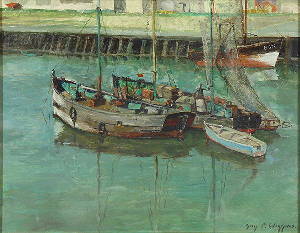 Painting, Guy Carleton Wiggins: Guy Carleton Wiggins (American, 1883-1962), Boats in the Harbor, oil on board, signed lower right, board: 16"h x 20"w, overall (with frame): 21.75"h x 25.5"w