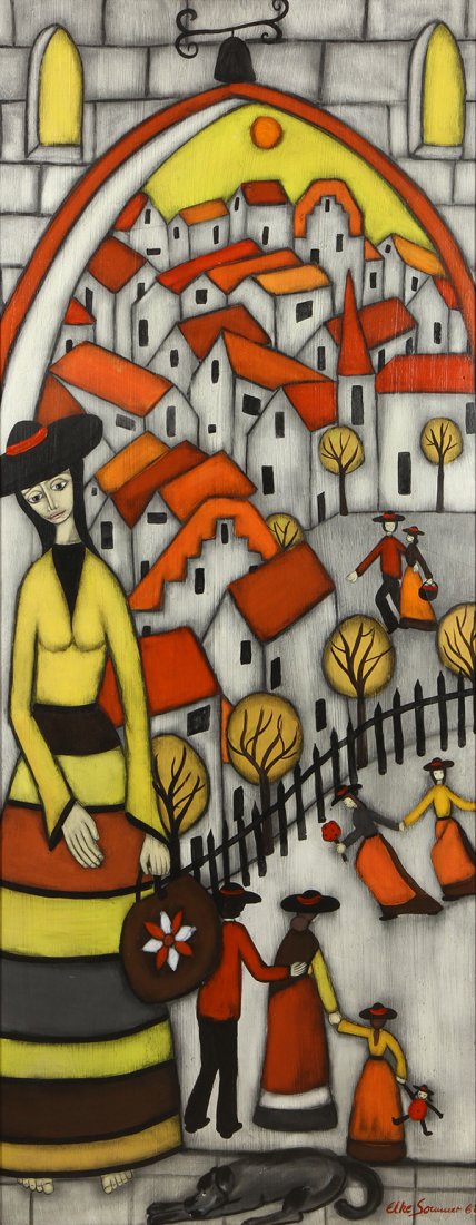 Painting, Elke Sommer: Elke Sommer (German, b. 1940), Doorway to the Village, 1968, oil on board, signed and dated lower right, sight: 59"h x 23.25"w, overall (with frame): 64.75"h x 28.75"w