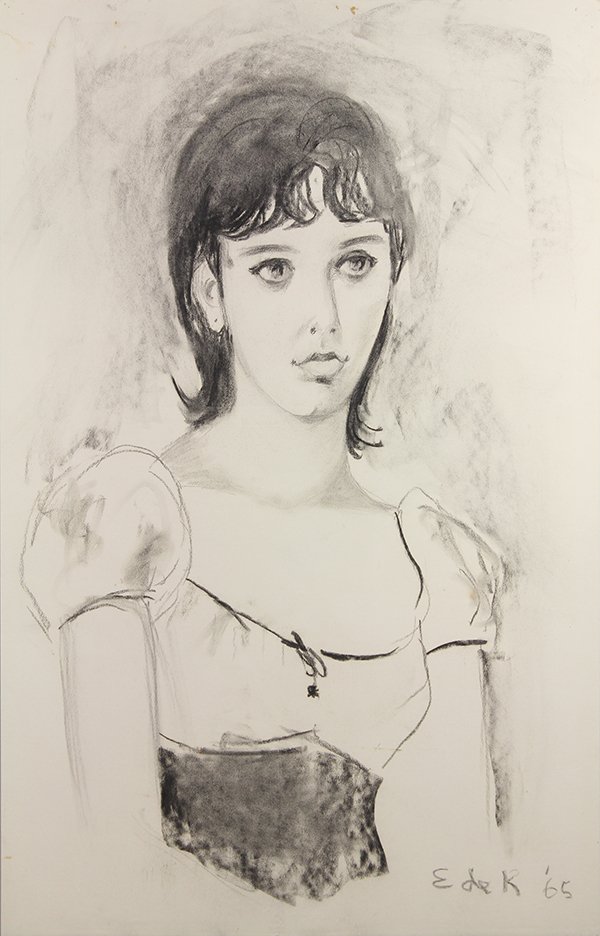 Drawing by Elaine de Kooning: Elaine de Kooning (American, 1919-1989), Portrait of a Girl, 1965, charcoal on board, signed lower right and dated, board: 40"h x 26"w, overall (framed): 43.5"h x 29.5"w